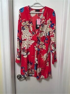 PrettyLittleThing Red Floral Wrap Robe with Tie